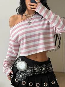 Coolane 女款休閒 Y2K 粉色與白色條紋不對稱領口短版 T 恤，適合秋季夜生活 - 粉色 - 查看 4