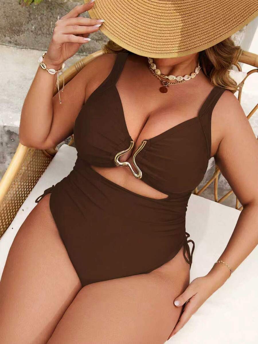 Swim Lushoire Plus Size Women Solid Color Hollow Ruched Backless Sexy One-Piece Swimsuit - Coffee Brown - View 1