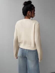SHEIN Tall CURVE Plus Size Apricot Soft Form Normal Business Casual Everyday Autumn Solid Color Round Neck Long Sleeve Loose Cropped Women Sweater Cardigan Shrug - Beige - View 3
