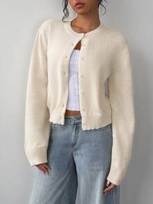 SHEIN Tall CURVE Plus Size Apricot Soft Form Normal Business Casual Everyday Autumn Solid Color Round Neck Long Sleeve Loose Cropped Women Sweater Cardigan Shrug - Beige - View 7