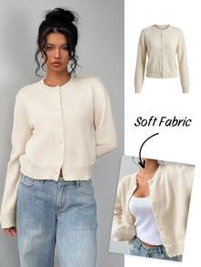 SHEIN Tall CURVE Plus Size Apricot Soft Form Normal Business Casual Everyday Autumn Solid Color Round Neck Long Sleeve Loose Cropped Women Sweater Cardigan Shrug - Beige - View 9
