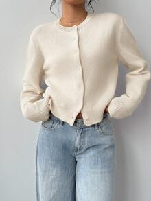 SHEIN Tall CURVE Plus Size Apricot Soft Form Normal Business Casual Everyday Autumn Solid Color Round Neck Long Sleeve Loose Cropped Women Sweater Cardigan Shrug - Beige - View 4