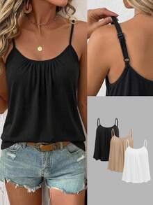 SHEIN LUNE 3pcs Plus Size Women's Ruched Loose Camisole Tank Tops With Adjustable Straps, Suitable For Spring And Summer - Multicolor - View 9