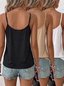 SHEIN LUNE 3pcs Plus Size Women's Ruched Loose Camisole Tank Tops With Adjustable Straps, Suitable For Spring And Summer - Multicolor - View 3