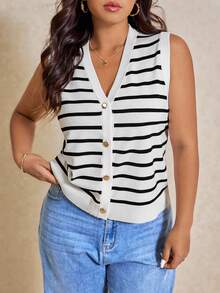 Elaquor Plus Size Women Striped Single-Breasted Casual Knitted Vest In Fall/Winter - Multicolor - View 5
