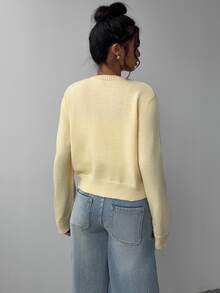 SHEIN Tall CURVE 大尺碼休閒 80 年代寬鬆柔軟正常版型純色圓領長袖短版女款黃色針織開襟衫 秋冬春季辦公上班穿搭 - 黃色 - 查看 3