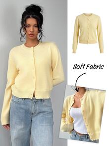 SHEIN Tall CURVE 大尺碼休閒 80 年代寬鬆柔軟正常版型純色圓領長袖短版女款黃色針織開襟衫 秋冬春季辦公上班穿搭 - 黃色 - 查看 9