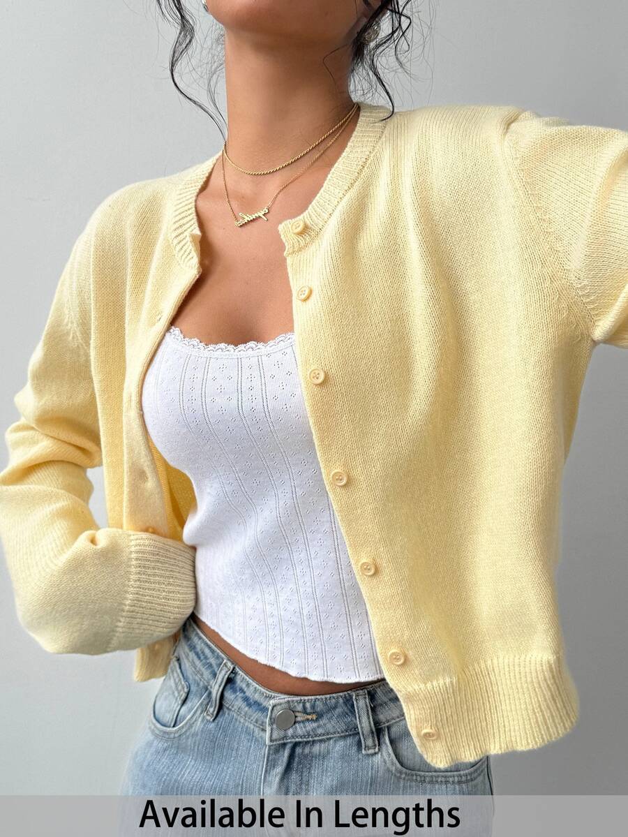 SHEIN Tall CURVE 大尺碼休閒 80 年代寬鬆柔軟正常版型純色圓領長袖短版女款黃色針織開襟衫 秋冬春季辦公上班穿搭