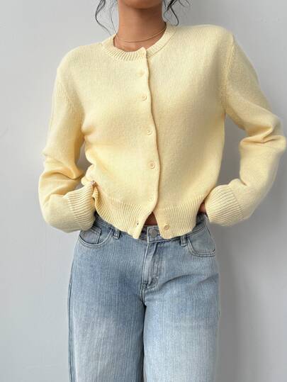 SHEIN Tall CURVE Damen-Cardigan in Große Größen, lässig, weich, normale Passform, einfarbig, Rundhalsausschnitt, lange Ärmel, locker, kurz geschnitten, in zartem Gelb, für Herbst und Frühling, Büro und Arbeit