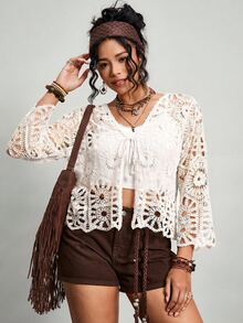 Freevana Plus Size Hollow Out Knitted Cardigan, Suitable For Vacation Fall - White - View 7