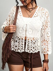 Freevana Plus Size Hollow Out Knitted Cardigan, Suitable For Vacation Fall - White - View 2