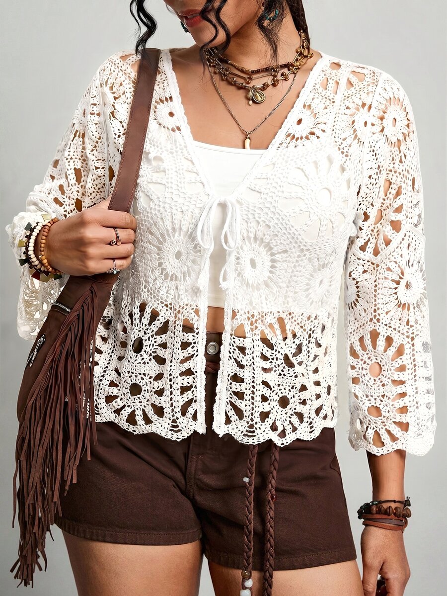 Freevana Plus Size Hollow Out Knitted Cardigan, Suitable For Vacation Fall