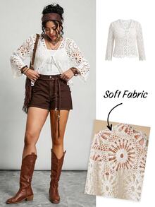 Freevana Plus Size Hollow Out Knitted Cardigan, Suitable For Vacation Fall - White - View 8