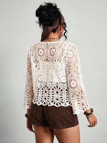 Freevana Plus Size Hollow Out Knitted Cardigan, Suitable For Vacation Fall - White - View 3