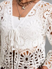 Freevana Plus Size Hollow Out Knitted Cardigan, Suitable For Vacation Fall - White - View 4