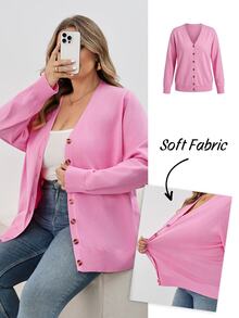 SHEIN CURVE+ كارديجان محبوك أساسي بلون موحد للنساء بمقاسات كبيرة، كارديجان وردي شائع للشتاء - وردي - مشاهدة 12