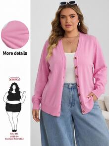 SHEIN CURVE+ كارديجان محبوك أساسي بلون موحد للنساء بمقاسات كبيرة، كارديجان وردي شائع للشتاء - وردي - مشاهدة 3