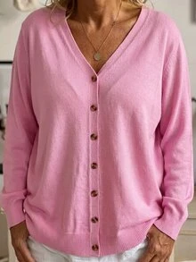 SHEIN CURVE+ كارديجان محبوك أساسي بلون موحد للنساء بمقاسات كبيرة، كارديجان وردي شائع للشتاء - وردي - مشاهدة 8