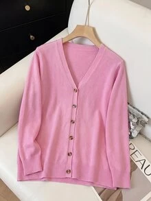 SHEIN CURVE+ كارديجان محبوك أساسي بلون موحد للنساء بمقاسات كبيرة، كارديجان وردي شائع للشتاء - وردي - مشاهدة 6