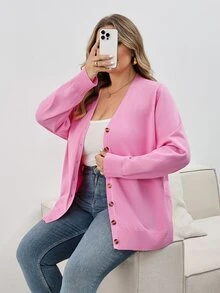 SHEIN CURVE+ كارديجان محبوك أساسي بلون موحد للنساء بمقاسات كبيرة، كارديجان وردي شائع للشتاء - وردي - مشاهدة 10