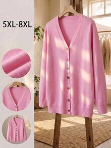 SHEIN CURVE+ كارديجان محبوك أساسي بلون موحد للنساء بمقاسات كبيرة، كارديجان وردي شائع للشتاء - وردي - مشاهدة 5