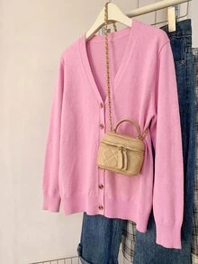 SHEIN CURVE+ كارديجان محبوك أساسي بلون موحد للنساء بمقاسات كبيرة، كارديجان وردي شائع للشتاء - وردي - مشاهدة 11