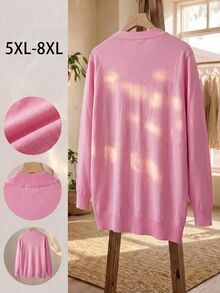 SHEIN CURVE+ كارديجان محبوك أساسي بلون موحد للنساء بمقاسات كبيرة، كارديجان وردي شائع للشتاء - وردي - مشاهدة 7