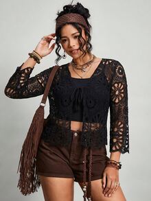 Freevana Plus Size Hollow Out Knitted Cardigan, Vacation Wear Fall - Black - View 7