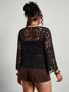 Freevana Plus Size Hollow Out Knitted Cardigan, Vacation Wear Fall - Black - View 3