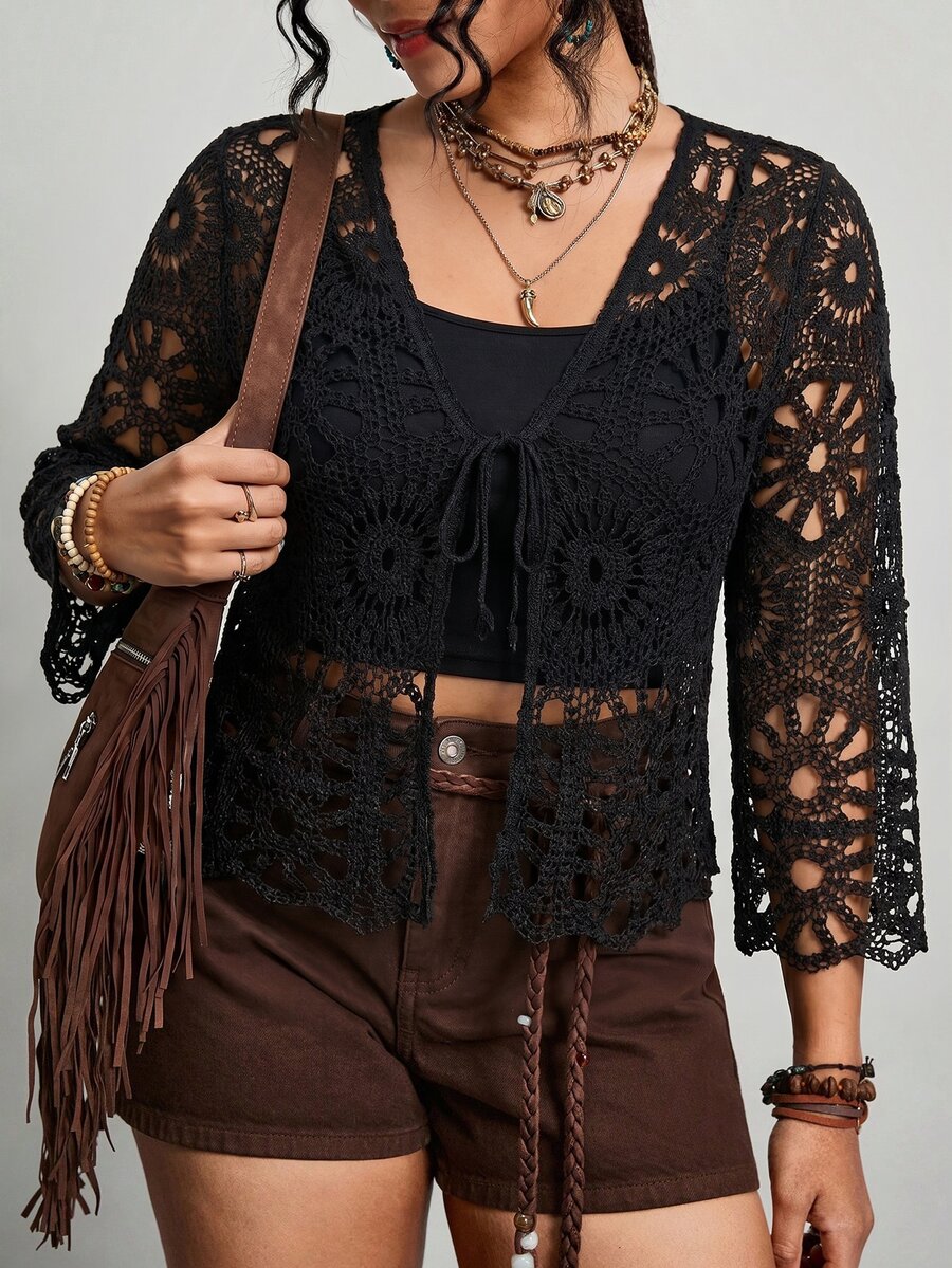 Freevana Plus Size Hollow Out Knitted Cardigan, Vacation Wear Fall