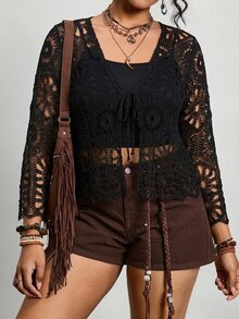 Freevana Plus Size Hollow Out Knitted Cardigan, Vacation Wear Fall - Black - View 6