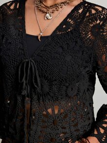 Freevana Plus Size Hollow Out Knitted Cardigan, Vacation Wear Fall - Black - View 4