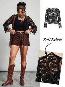 Freevana Plus Size Hollow Out Knitted Cardigan, Vacation Wear Fall - Black - View 8