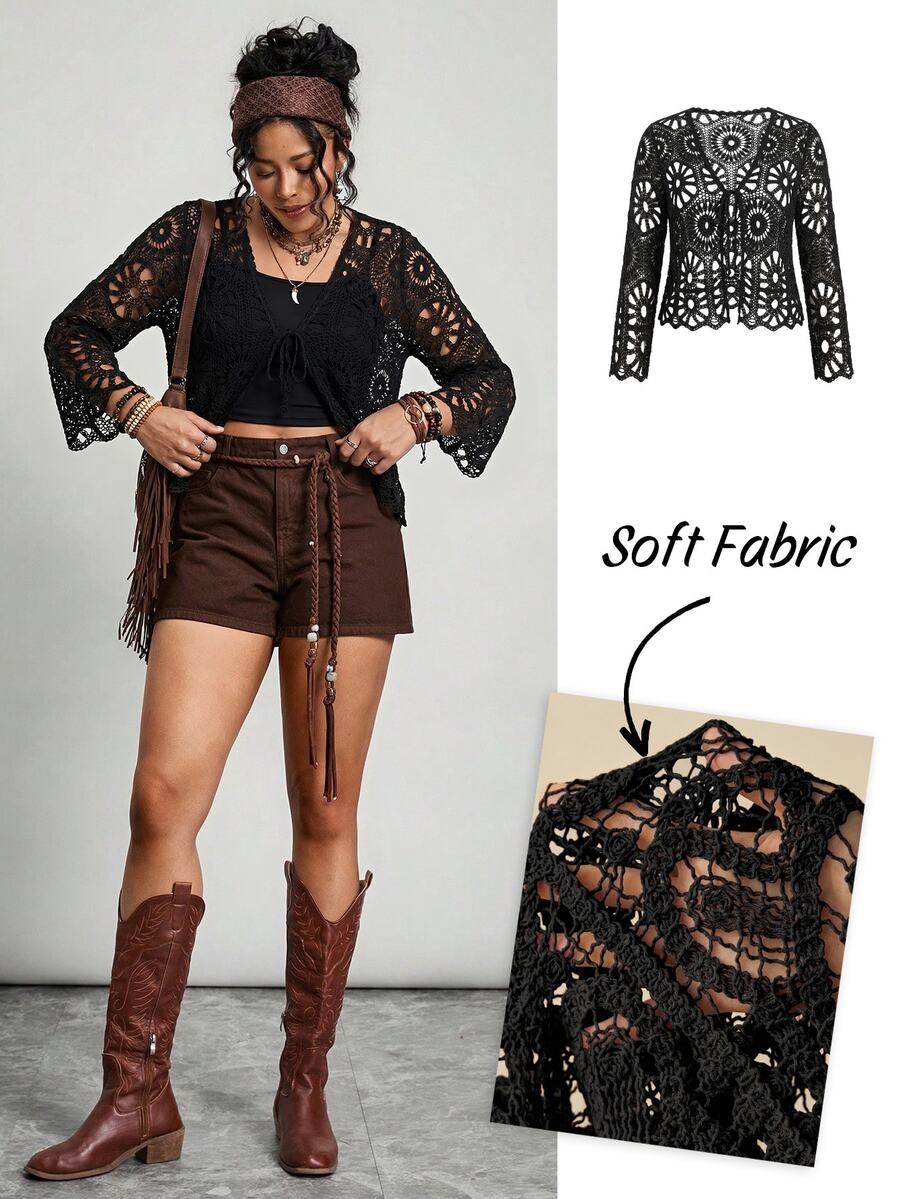 Freevana Plus Size Hollow Out Knitted Cardigan, Vacation Wear Fall