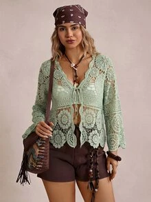 Freevana Plus Size Women's Front Tie Vacation Hollow Out Knit Cardigan Fall - Mint Green - View 5