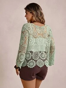 Freevana Plus Size Women's Front Tie Vacation Hollow Out Knit Cardigan Fall - Mint Green - View 3