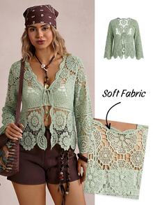 Freevana Plus Size Women's Front Tie Vacation Hollow Out Knit Cardigan Fall - Mint Green - View 8