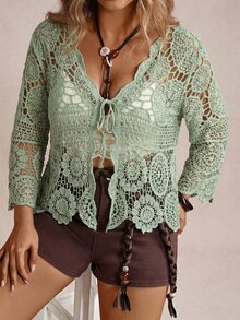 Freevana Plus Size Women's Front Tie Vacation Hollow Out Knit Cardigan Fall - Mint Green - View 7