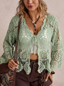 Freevana Plus Size Women's Front Tie Vacation Hollow Out Knit Cardigan Fall - Mint Green - View 2