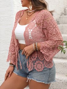 SHEIN CURVE+ 女款大尺碼純色前綁帶長袖針織鏤空開襟衫，適合海灘度假、海灘穿搭，波希米亞風 - 粉色 - 查看 6