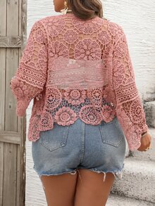 SHEIN CURVE+ 女款大尺碼純色前綁帶長袖針織鏤空開襟衫，適合海灘度假、海灘穿搭，波希米亞風 - 粉色 - 查看 3