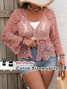 SHEIN CURVE+ 女款大尺碼純色前綁帶長袖針織鏤空開襟衫，適合海灘度假、海灘穿搭，波希米亞風 - 粉色 - 查看 4