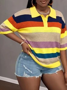 Slaydiva Plus Size Spring/Summer Casual Colorblock Striped Knit Top - Multicolor - View 10