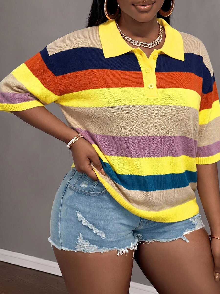Slaydiva Plus Size Spring/Summer Casual Colorblock Striped Knit Top