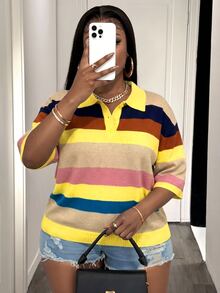 Slaydiva Plus Size Spring/Summer Casual Colorblock Striped Knit Top - Multicolor - View 7