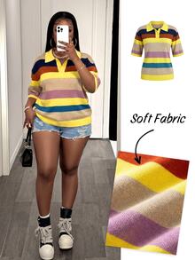 Slaydiva Plus Size Spring/Summer Casual Colorblock Striped Knit Top - Multicolor - View 2