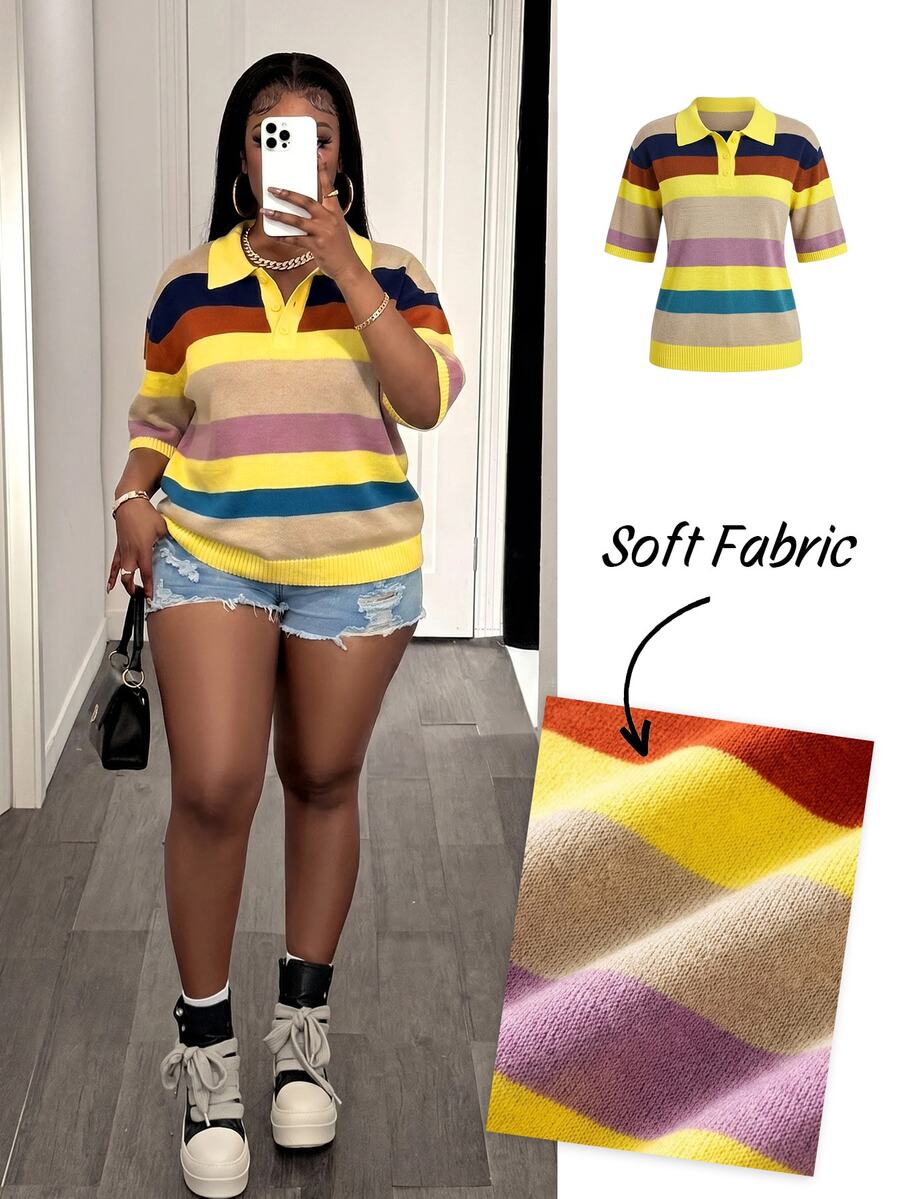 Slaydiva Plus Size Spring/Summer Casual Colorblock Striped Knit Top