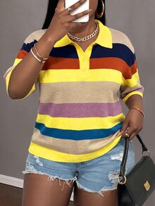 Slaydiva Plus Size Spring/Summer Casual Colorblock Striped Knit Top - Multicolor - View 9