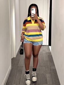 Slaydiva Plus Size Spring/Summer Casual Colorblock Striped Knit Top - Multicolor - View 6