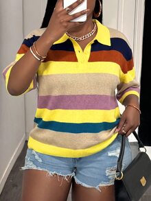 Slaydiva Plus Size Spring/Summer Casual Colorblock Striped Knit Top - Multicolor - View 8